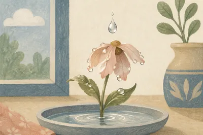 Wilted Flower Revived by Morning Water Drops