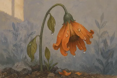 Wilted Orange Flower Reviving With Dew