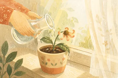 Wilted Flower Reviving on Sunlit Windowsill