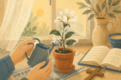 Reviving White Flower on Morning Windowsill