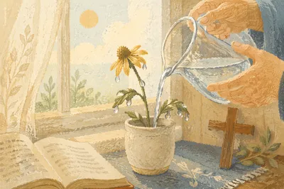 Wilted Wildflower Reviving on Kitchen Windowsill