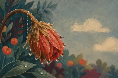 Wilted Red Flower Reviving After Rain