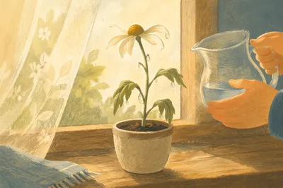 Reviving Wildflower on Morning Kitchen Windowsill