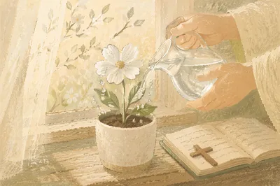 Wilted White Flower Revived by Morning Water