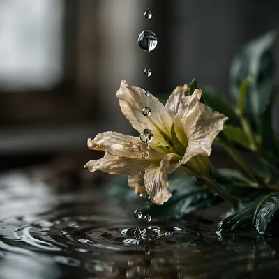 Wilted Flower Revived by Falling Water Drops
