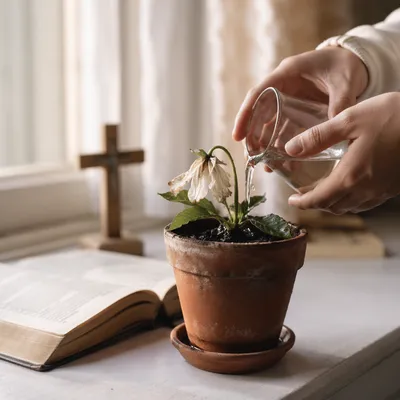 Reviving White Flower on Prayerful Windowsill