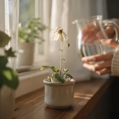 Wilted White Wildflower Renewed by Morning Water