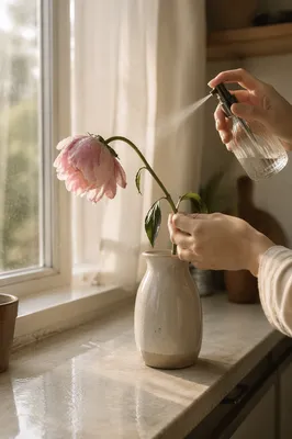 Wilted Pink Flower Reviving in Morning Light