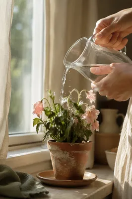 Wilted Flower Reviving on Sunlit Windowsill