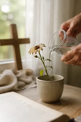 Wilted Wildflower Reviving on Kitchen Windowsill