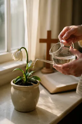 Wilted White Flower Revived by Morning Water