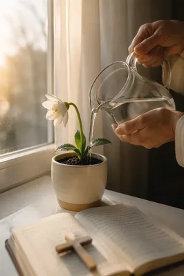 Reviving White Flower on Prayerful Windowsill