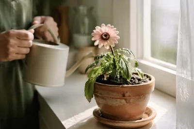Wilted Flower Reviving on Sunlit Windowsill