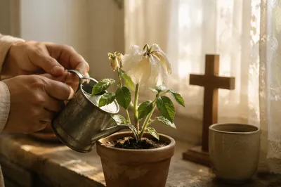 Wilted White Flower Revived by Morning Water