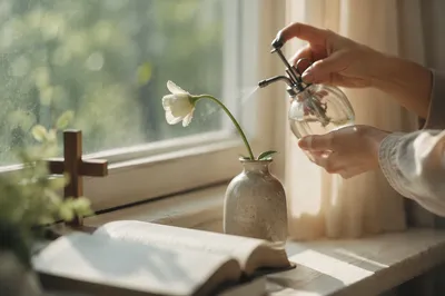 Wilted White Flower Revived by Morning Water