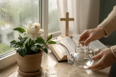 Reviving Gardenia on Rainy Morning Windowsill