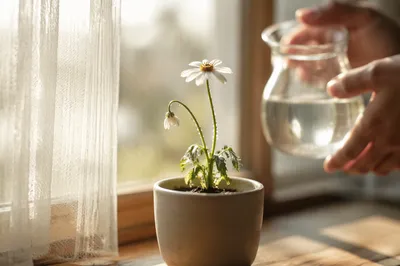 Wilted White Wildflower Revived by Morning Water