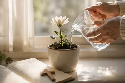 Wilted White Flower Revived by Morning Water