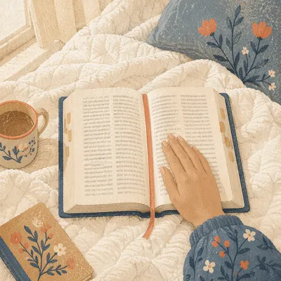 Open Bible on Cozy White Blanket