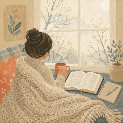 Woman Reading by Window in Blanket