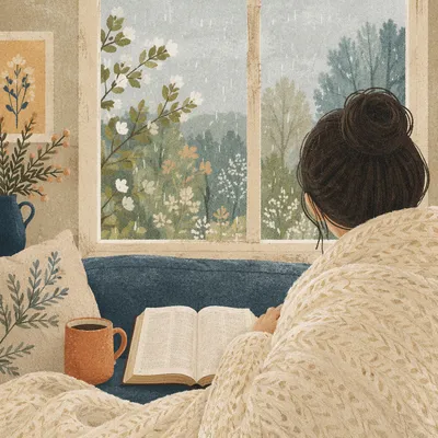 Cozy Morning Bible Devotion by Rainy Window