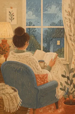 Woman Reading by Rainy Window
