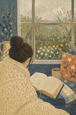 Woman Reading by Rainy Window Seat