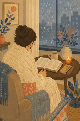 Woman by Rainy Window with Bible