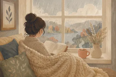 Woman Reading by Rainy Window Seat