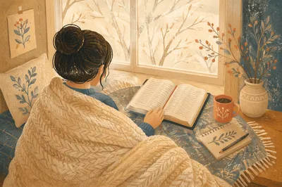 Woman Reading Bible by Winter Window