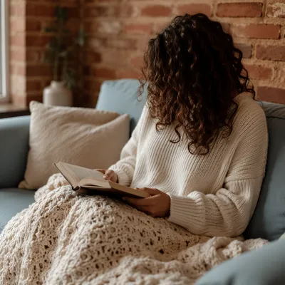 Cozy Woman Reading Bible on Sofa