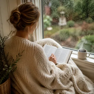 Woman Reading by Rainy Window Seat