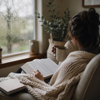 Woman Reading Bible by Rainy Window