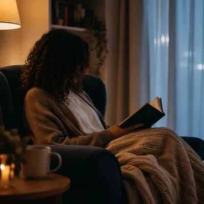 Woman Reading Bible in Cozy Evening Quiet Time