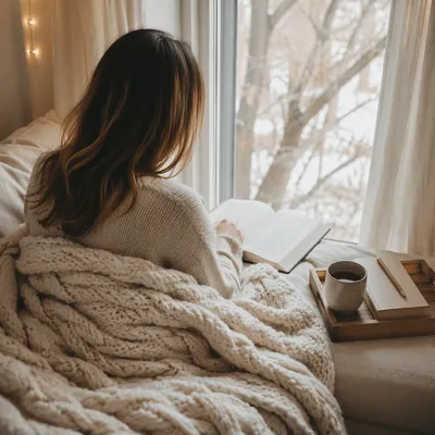 Woman Reading by Window in Blanket