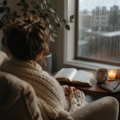 Cozy Morning Reading by Rainy Window