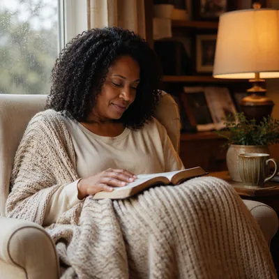 Woman Reading Bible by Rainy Window