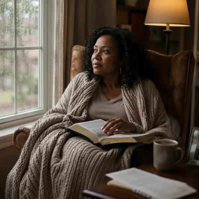 Woman Reading Bible by Rainy Window