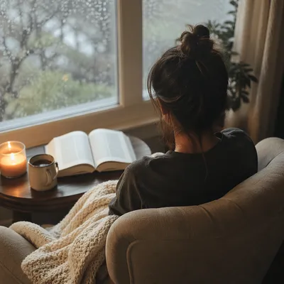 Woman in Armchair by Rainy Window