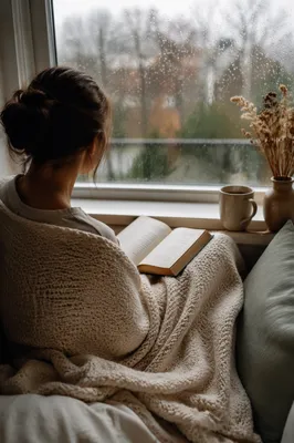 Woman Reading by Rainy Window Seat