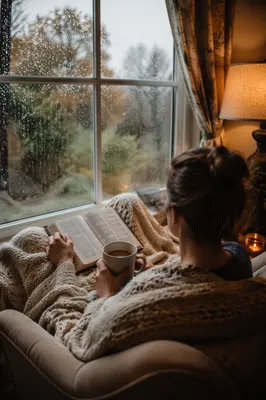 Woman Reading by Rainy Window