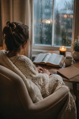 Cozy Morning Bible Devotion by Rainy Window