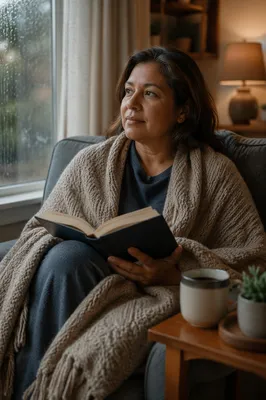 Woman Reading by Rainy Window