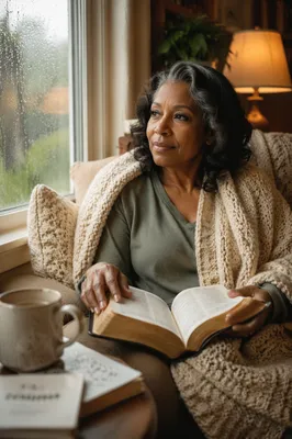 Reflective Woman Reading Bible by Window