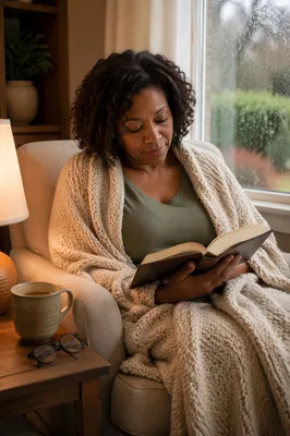 Woman Reading Bible by Rainy Window