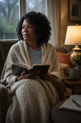 Woman Reading Bible by Rainy Window