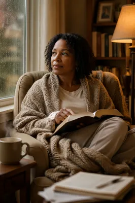Woman Reading Bible by Rainy Window