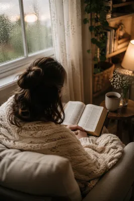 Woman Reading by Rainy Window