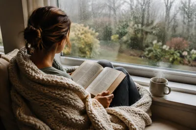 Woman Reading by Rainy Window Seat