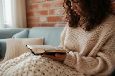 Cozy Woman Reading Bible at Home